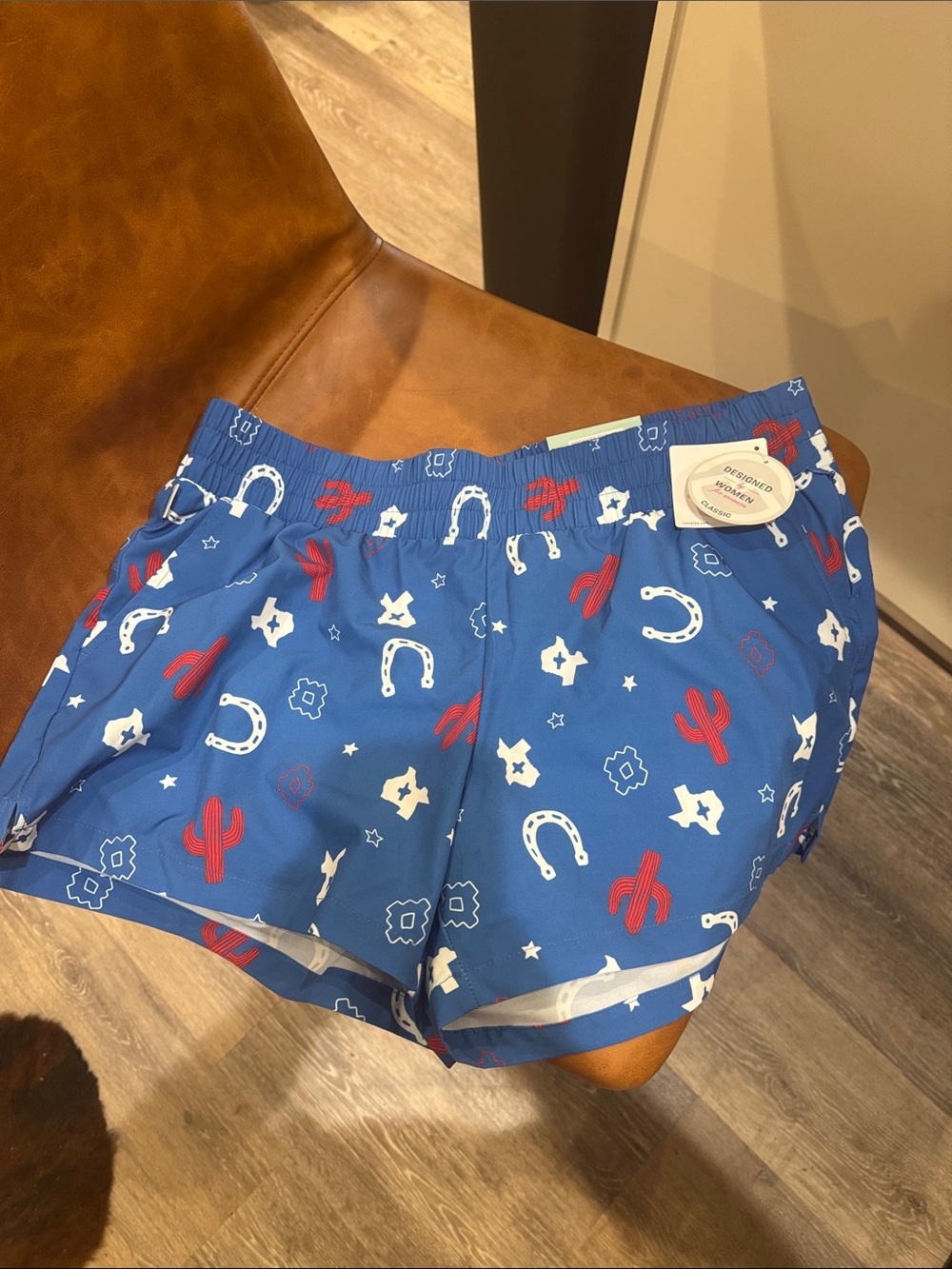 Magellan Outdoors Blue Swim Shorts with Red Cactus & White Horseshoe Print